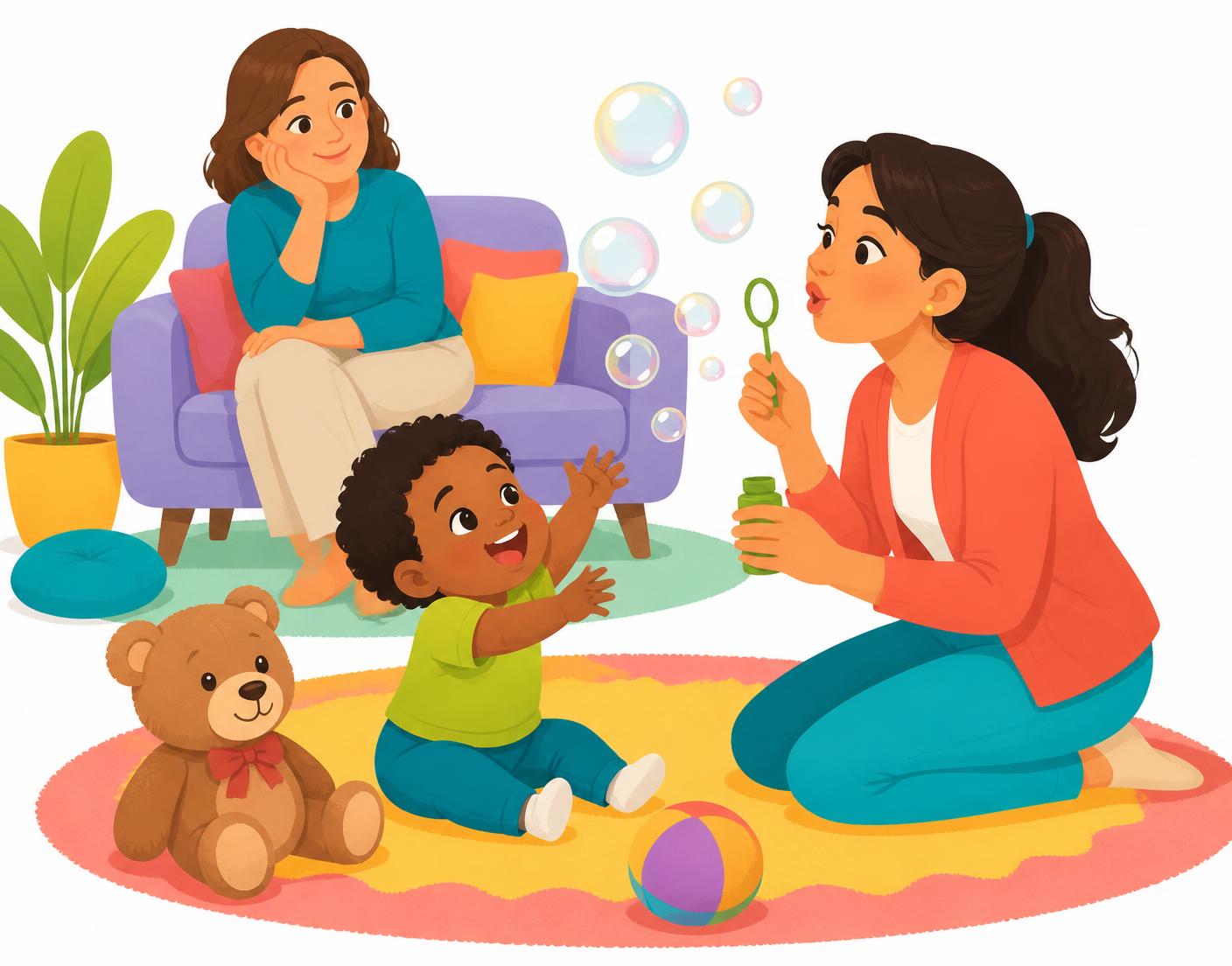 Behavior analyst observing a toddler playing with colorful blocks and bubbles during an assessment